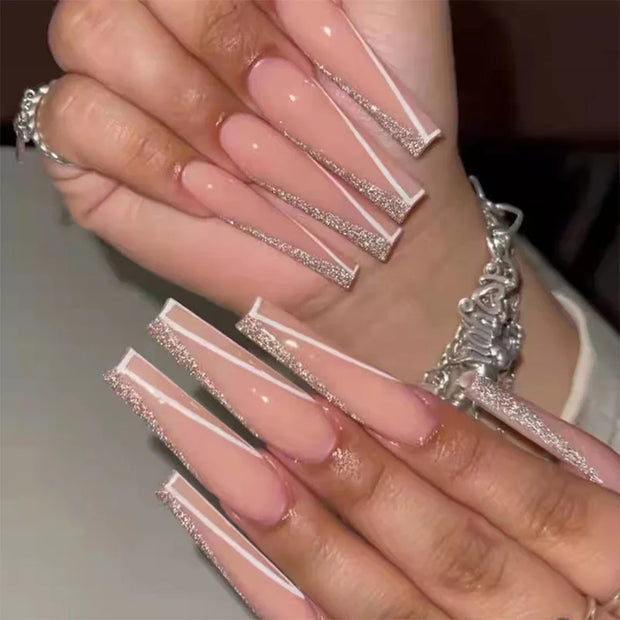 24pcs/Box Long T Handmade French Flame Wave Love With Diamond False Nail Enhancement Waterproof Gel Fake Nails