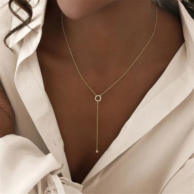 S925 Sterling Silver Double-Deck Circle Zircon Pendant Long O-Chain Choker Necklace 2024 Spring Women Wedding Fine Jewelry - Luxe Ladies Moda