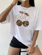 Women's Casual Cherry Print T-Shirt with Leopard Print Cherries & Letter Design - Short Sleeve, Crew Neck Ladies T Shirts - Luxe Ladies Moda