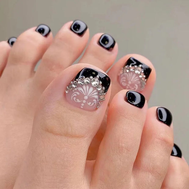 24pcs/set short square teo nails Colorful Flower summer fake nail tips glitter rhinestones floral press on false nail art kit
