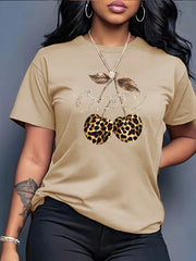 Women's Casual Cherry Print T-Shirt with Leopard Print Cherries & Letter Design - Short Sleeve, Crew Neck Ladies T Shirts - Luxe Ladies Moda
