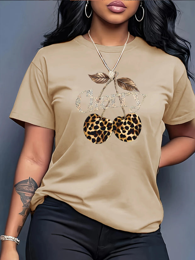 Women's Casual Cherry Print T-Shirt with Leopard Print Cherries & Letter Design - Short Sleeve, Crew Neck Ladies T Shirts - Luxe Ladies Moda