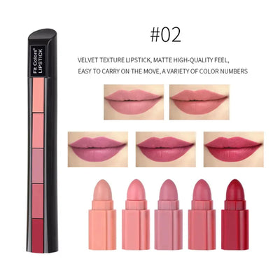 Sexy 5 In 1 Matte Velvet Texture Red Lipstick Strip Lip Gloss Makeup Set for Long Lasting & Non-stick Cup Cosmetics - Luxe Ladies Moda