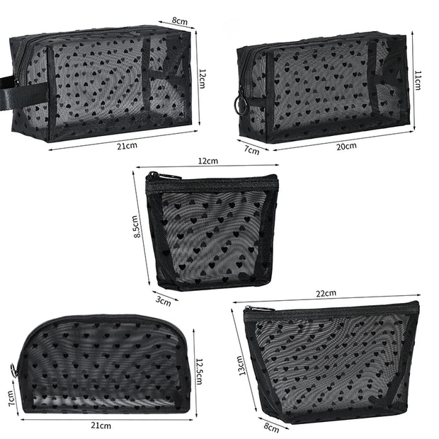 Heart Transparent Mesh Makeup Bag Multifunction Portable Women Cosmetic Storage Pouch Ladies Toiletry Lipstick Organizer Bags - Luxe Ladies Moda