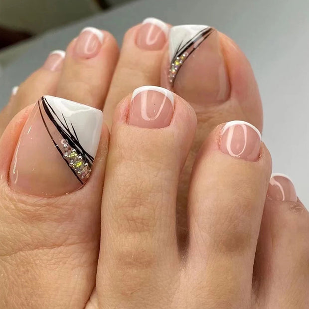 Summer French Gradient Press-On Toe Nails – Short Square Full Cover Rainbow Fake Toenail Set
