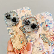 For iPhone 15 14 13 12 Pro Max 11 Fashion Blue Light Butterfly Flower Glitter Shockproof Phone Case with lens protective film - Luxe Ladies Moda