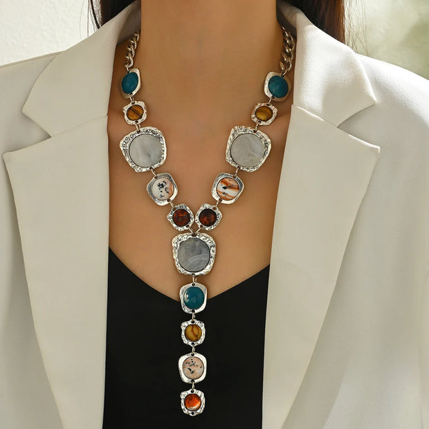 Vintage Exaggerated Y-shaped Long Necklace for Women Stylish Chunky Geometric Pendant Necklaces Boho Fashion Jewelry Accessories