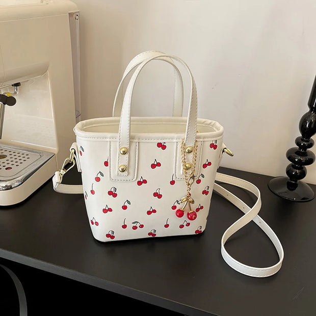 Women PU Cherry Shoulder Bag Large Capacity Stylish Crossbody Bag with Cherry Pendant Simple Messenger Bag Aesthetic Handbag - Luxe Ladies Moda