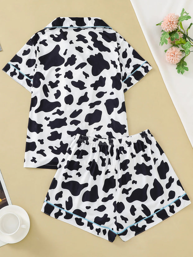 Two-piece set of women's pajamas lapel top and trousers cow pattern summer casual women's pajamas home wear - Luxe Ladies Moda