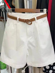 Summer Cotton Shorts for Women Korean Loose Casual Wide Leg Short Belt Solid Color Rose Red Women's Short Pants Female Clothing