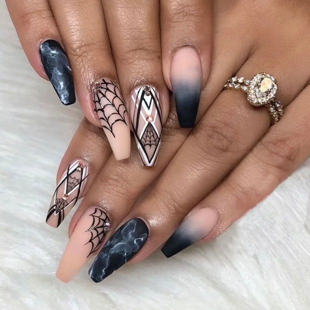 24pcs/Box Long T Handmade French Flame Wave Love With Diamond False Nail Enhancement Waterproof Gel Fake Nails