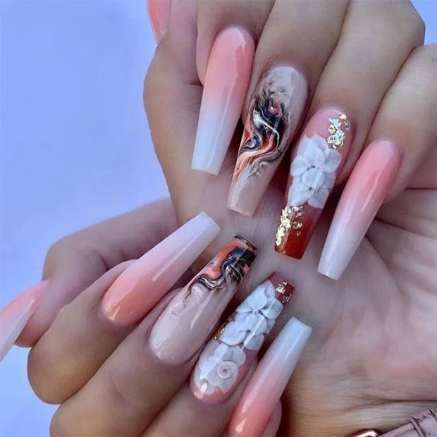 24pcs/Box Long T Handmade French Flame Wave Love With Diamond False Nail Enhancement Waterproof Gel Fake Nails