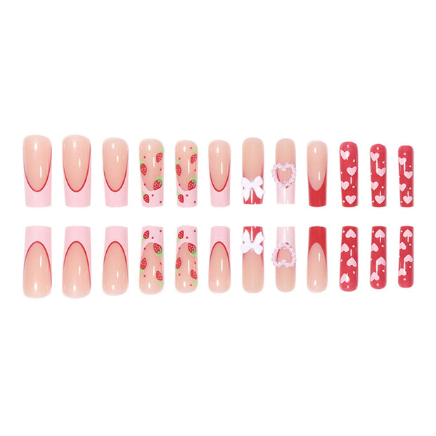 24 Pcs Press On Nails Pink Strawberry Fake Nails Glossy Artificial Finger Manicure Reusable False Nails For Women
