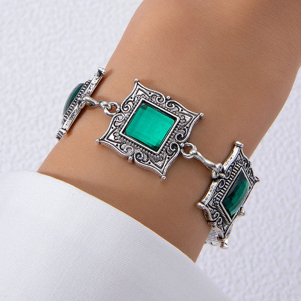 Vintage Green Stone Bracelets for Women Luxury Crystal Stone Flowers Opening Bangle Adjustable Jewelry Accessories - Luxe Ladies Moda