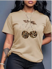 Women's Casual Cherry Print T-Shirt with Leopard Print Cherries & Letter Design - Short Sleeve, Crew Neck Ladies T Shirts - Luxe Ladies Moda