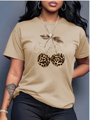 Women's Casual Cherry Print T-Shirt with Leopard Print Cherries & Letter Design - Short Sleeve, Crew Neck Ladies T Shirts - Luxe Ladies Moda