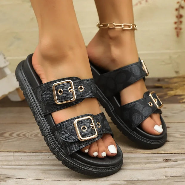 Fashion Thick-soled Metal Buckle Designer Slippers Women's Home Soft-soled EVA Sandals Women's Summer Non-slip Beach Flip-flops - Luxe Ladies Moda