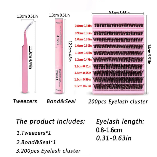 DIY Eyelash Extension Kit 200pcs Individual Lashes Cluster D Curl, 8-16mm Mix Lash Clusters with Lash Tweezers - Luxe Ladies Moda