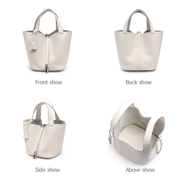 Ladies Handbag Female Bucket Bag Basket Shoulder Bag Travel Bag Large Soft Cowhide Leather Tote with Lock Design