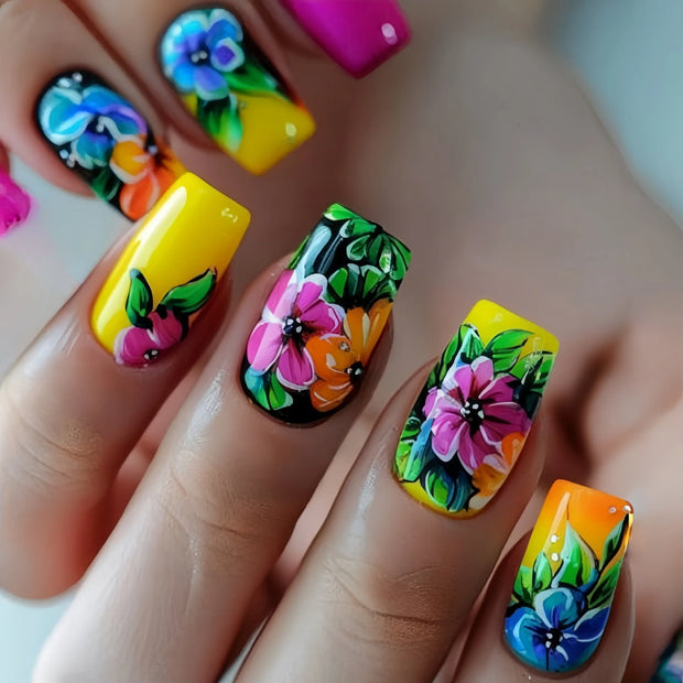 24pcs/set Medium long fake nails for women Spring summer flowers butterfly bee design faux ongles tips press on false nail art - Luxe Ladies Moda