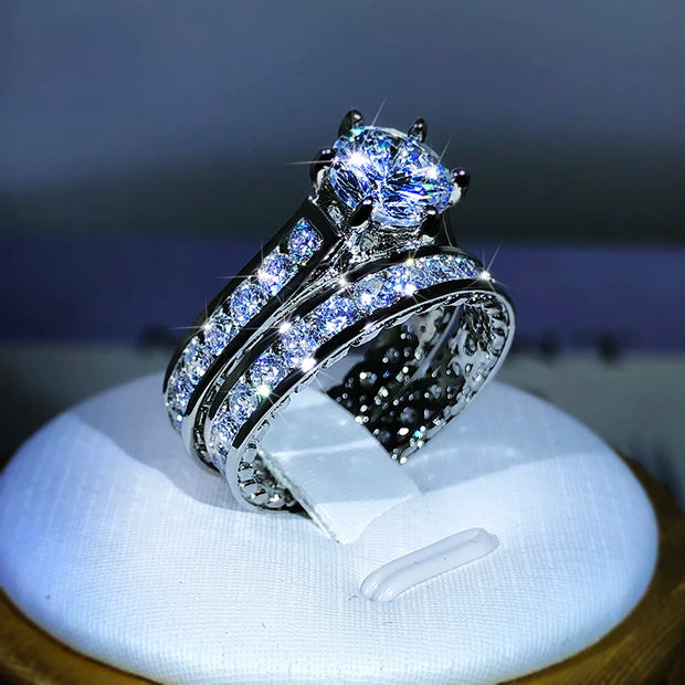 925 Silver Luxury Engagement Rings for Women 2Pcs/Set Shiny Zircon Two Tone Elegant Ring - Luxe Ladies Moda