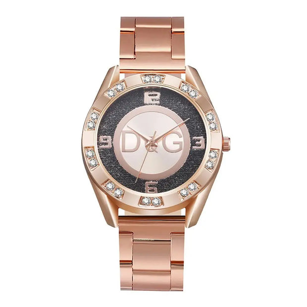 Women Watch Fashion with Diamonds Crystal Design Quartz Watches Leisure Rose Gold Stainless Steel Strap Clock - Luxe Ladies Moda