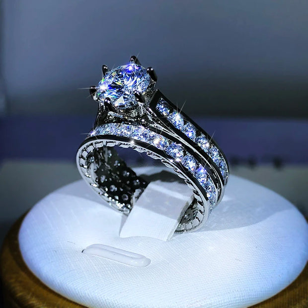 925 Silver Luxury Engagement Rings for Women 2Pcs/Set Shiny Zircon Two Tone Elegant Ring - Luxe Ladies Moda