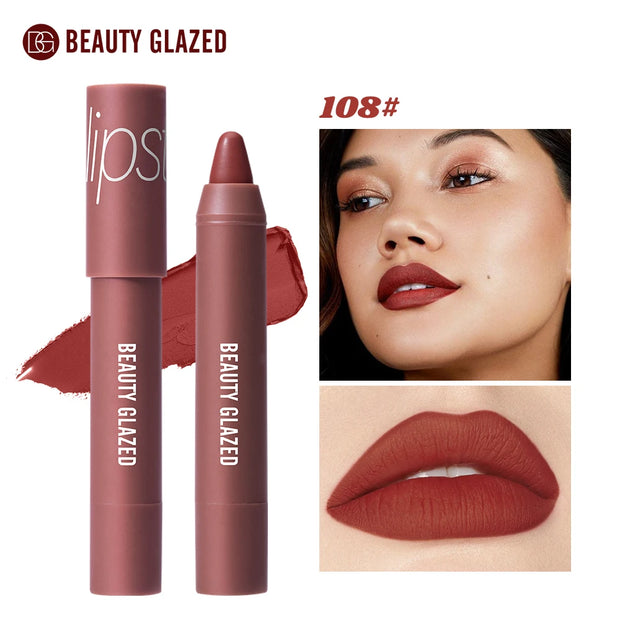 Beauty Glazed Matte Lipstick Pencil Waterproof Long Lasting Lip Balm 12 Colors Velvet Lip Liner Pen Lips Makeup Women Cosmetics - Luxe Ladies Moda