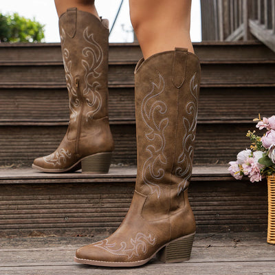 Women’s Retro Western Embroidered Cowboy Boots – Pointed Toe High Block Heel with Zipper Closure