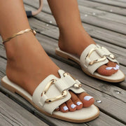Women Metal Decor Single Band Flat Sandals Fashion Sexy Open Toe Outdoors Slides Luxurious Office Ladies Party Female Shoes - Luxe Ladies Moda