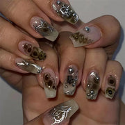 24pcs/Box Long T Handmade French Flame Wave Love With Diamond False Nail Enhancement Waterproof Gel Fake Nails