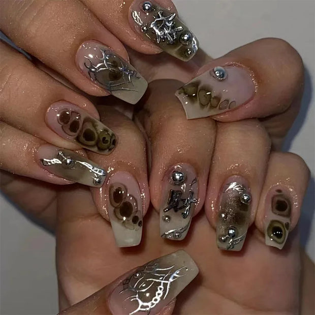 24pcs/Box Long T Handmade French Flame Wave Love With Diamond False Nail Enhancement Waterproof Gel Fake Nails
