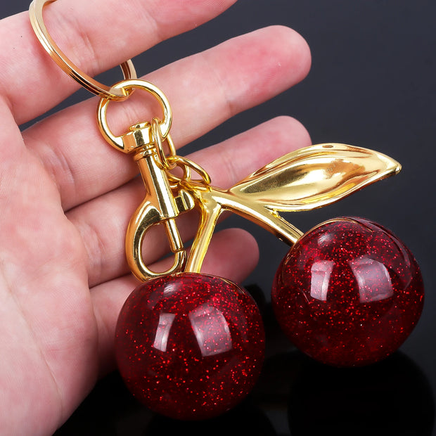 Delicious Crystal Red Pink Cherry Keychain Summer Fruits Cherries Pendant Keyring For Women Men Jewelry Bag Key Accessories