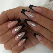 24pcs/Box Long T Handmade French Flame Wave Love With Diamond False Nail Enhancement Waterproof Gel Fake Nails