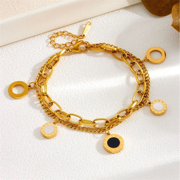 316L Stainless Steel Black And White Fritillaria Roman Round Plate Elegant And Charming Golden Gril Bracelet Evening Jewelry