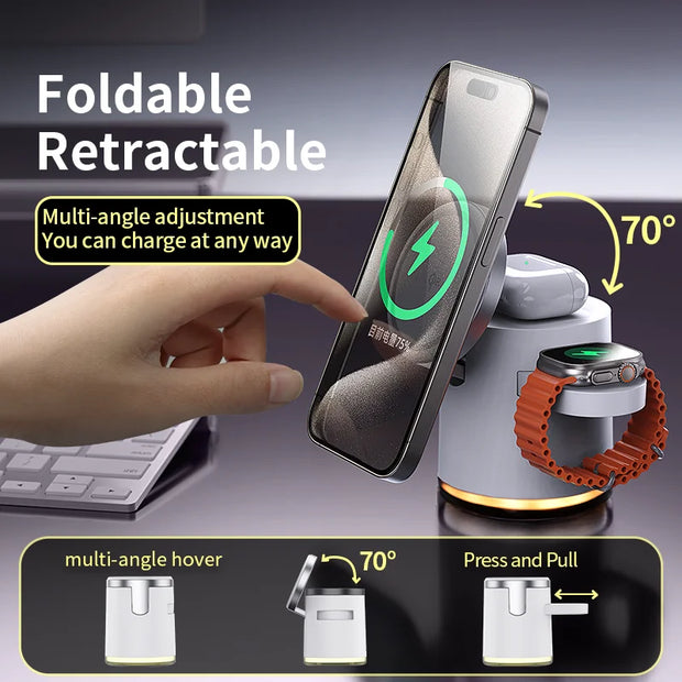 Qi2 Wireless Charger 3-in-1 Fast Charging Station Stand Folding Holder for iPhone16 15 14 ProMax Airpods Apple Watch