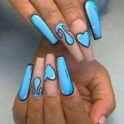 24pcs/Box Long T Handmade French Flame Wave Love With Diamond False Nail Enhancement Waterproof Gel Fake Nails