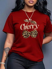 Women's Casual Cherry Print T-Shirt with Leopard Print Cherries & Letter Design - Short Sleeve, Crew Neck Ladies T Shirts - Luxe Ladies Moda