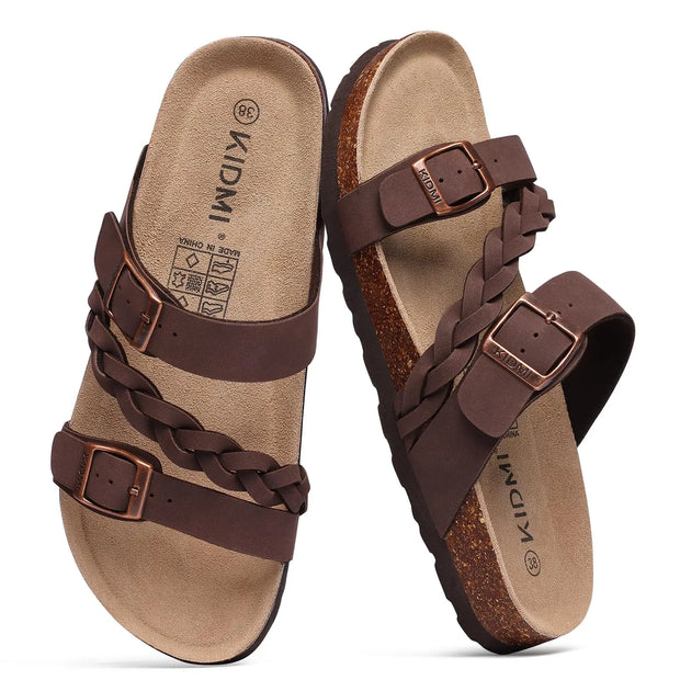 Women's Cork Footbed Sandals With Arch Support Summer Women Cork Slippers Slip-On Slide Sandals With Adjustable Buckle