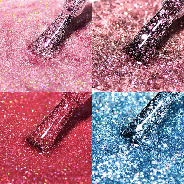 6PCS/Set Pink Glitter Gel Nail Polish Set Sequins Semi Permanent Base Matte Top Coat Soak Off LED UV Nail Art Gel Varnish