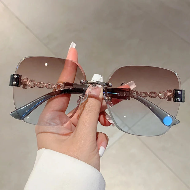 Gradient Tea Women Sunglasses Oversize Rimless Retro Shades for Decoration Driving UV Protection Sun Glasses - Luxe Ladies Moda