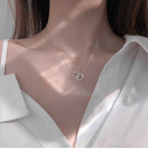 S925 Silver Round Choker Zircon For Women Fashion Chain Minimalist Dainty Double Circle Pendant Necklace Neck Fine Jewelry - Luxe Ladies Moda