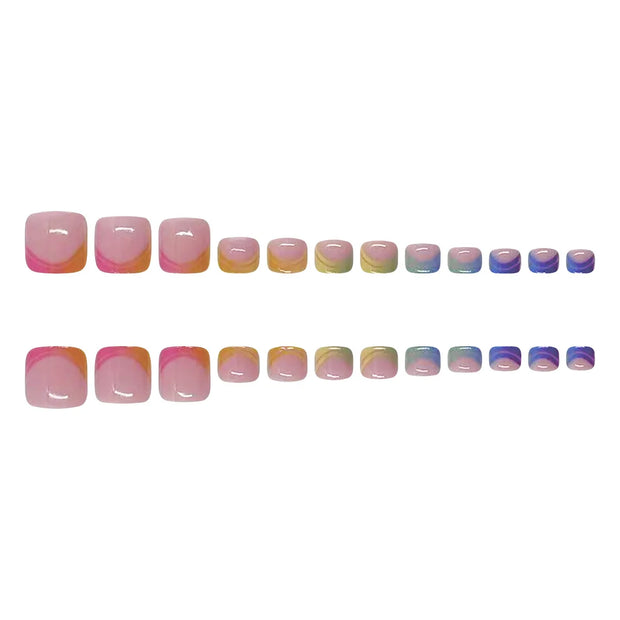 Summer French Gradient Press-On Toe Nails – Short Square Full Cover Rainbow Fake Toenail Set