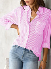 Women's Shirt Blouse Pink Striped classic Print Button Long Sleeve Casual No pockets Daily Basic Shirt - Luxe Ladies Moda