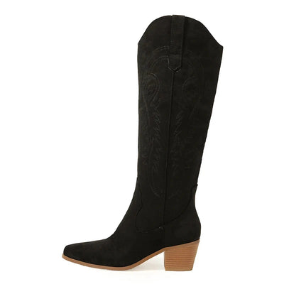 Retro Spring Winter Knee High Boots Women Comfy Walking Fashion Pointed Toe Female Western Cowboy Boot High Heel