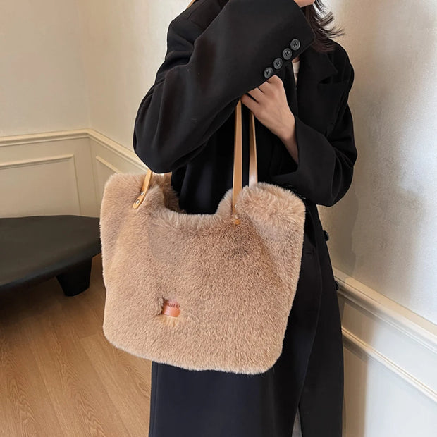 Women Plush Shoulder Bag Fluffy Furry Underarm Bag Large Capacity Fuzzy Purse Solid Handbag for Work Travel Shopping - Luxe Ladies Moda