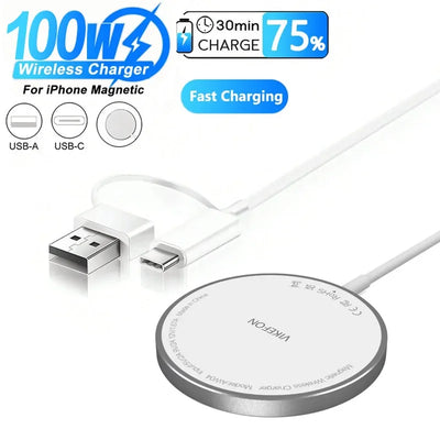 100W Magnetic Wireless Charger Pad USB + Type C For Magsafe iPhone 16 15 14 13 12 Pro Max Fast Charging Dock Station Chargers - Luxe Ladies Moda