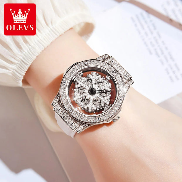 OLEVS Elegant Quartz Watch for Women Luxury Star Snowflake Dial Women's Watches Leather Strap Fashion Ladies Wrist Watches Clock - Luxe Ladies Moda