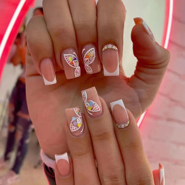 24pcs/Box Long T Handmade French Flame Wave Love With Diamond False Nail Enhancement Waterproof Gel Fake Nails