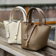 Ladies Handbag Female Bucket Bag Basket Shoulder Bag Travel Bag Large Soft Cowhide Leather Tote with Lock Design